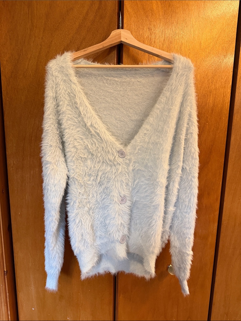Fuzzy V-Neck Button Front Women's Sweater in Light Grey
